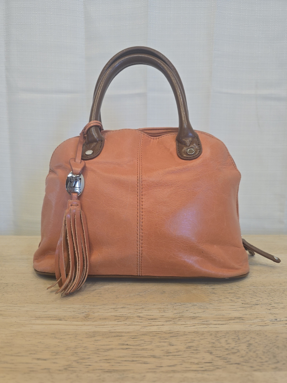 Tignanello Coral-Orange Leather Satchel with Brown Handles